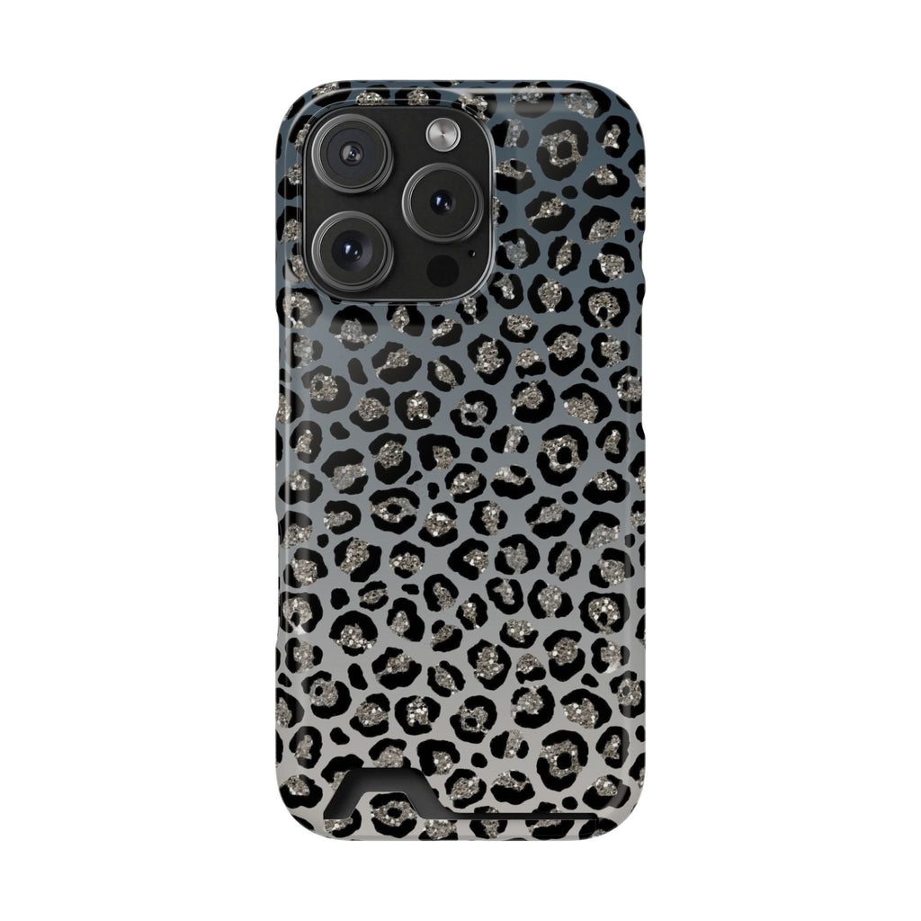 Gray Leopard phone case with card holder for iPhone 16 Pro, glossy finish