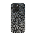 Gray Leopard phone case with card holder for iPhone 16 Pro, glossy finish