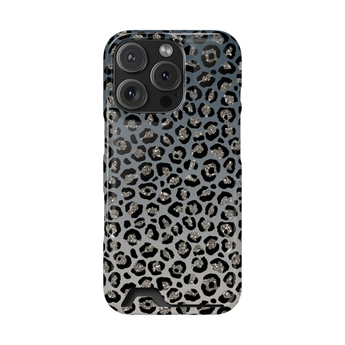 Gray Leopard phone case with card holder for iPhone 16 Pro, glossy finish