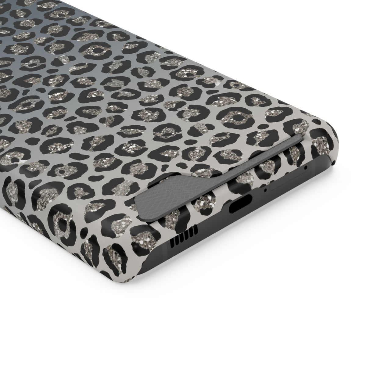Gray Leopard phone case with card holder for Samsung Galaxy S21 Ultra, glossy finish