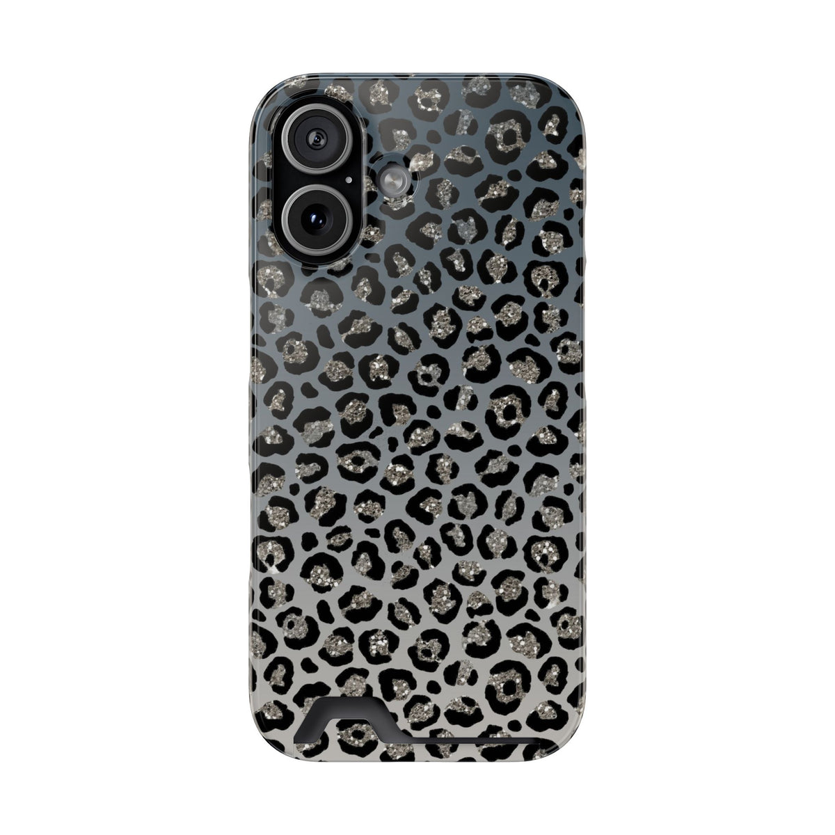 Gray Leopard phone case with card holder for iPhone 17, glossy finish