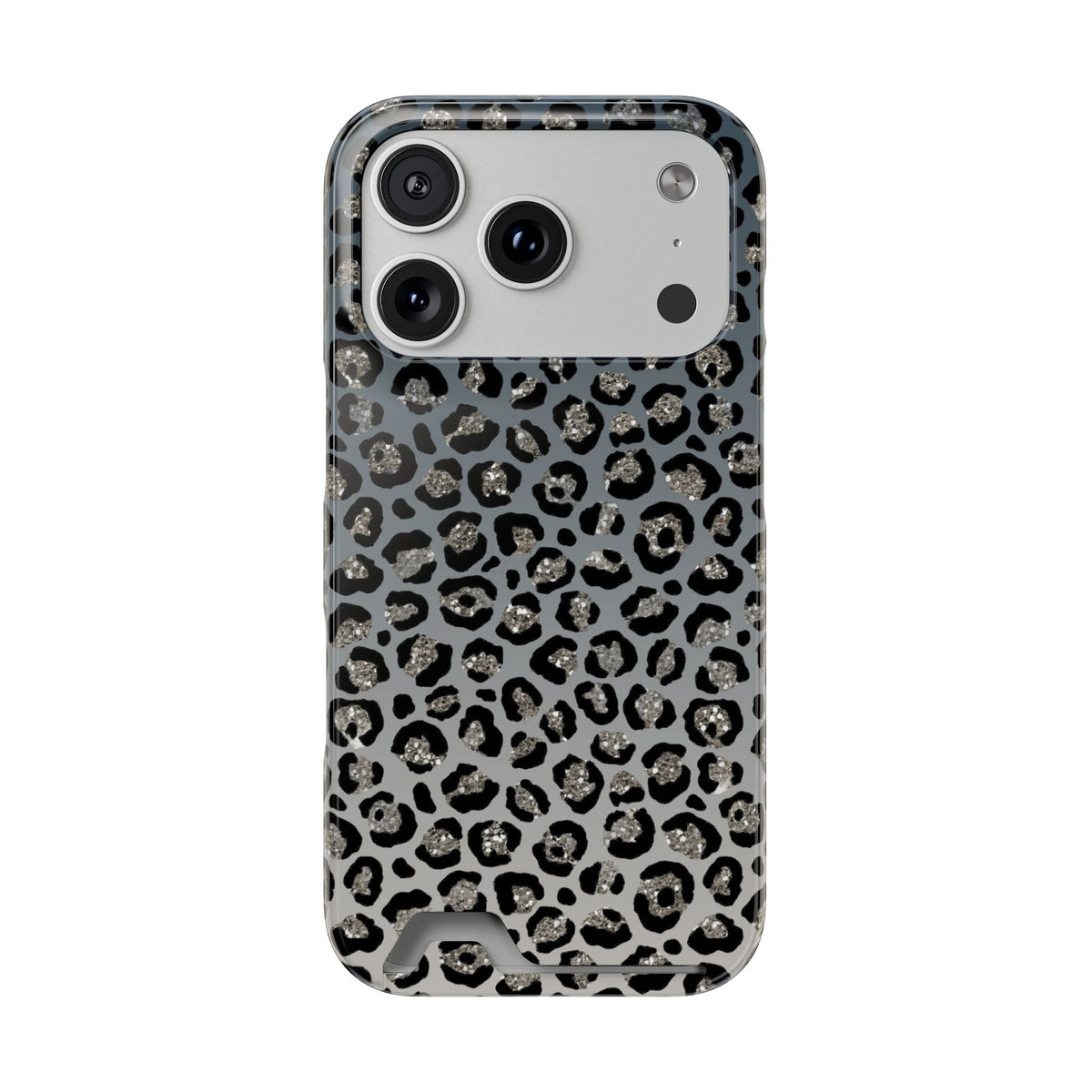 Gray Leopard phone case with card holder for iPhone 17 Pro, glossy finish