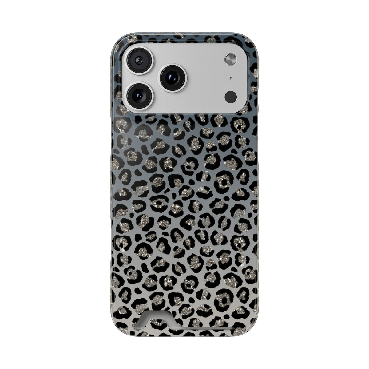 Gray Leopard phone case with card holder for iPhone 17 Pro Max, glossy finish