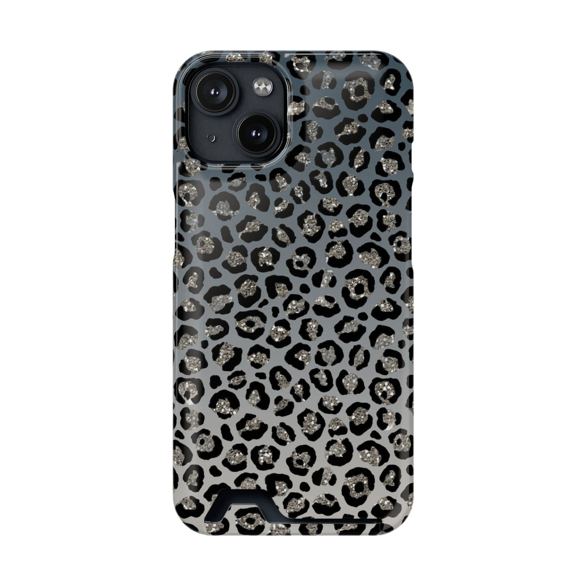 Gray Leopard phone case with card holder for iPhone 14, glossy finish