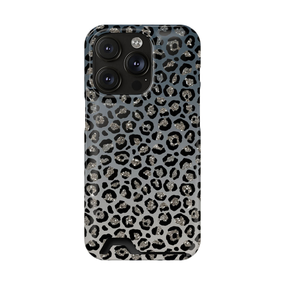 Gray Leopard phone case with card holder for iPhone 14 Pro, glossy finish