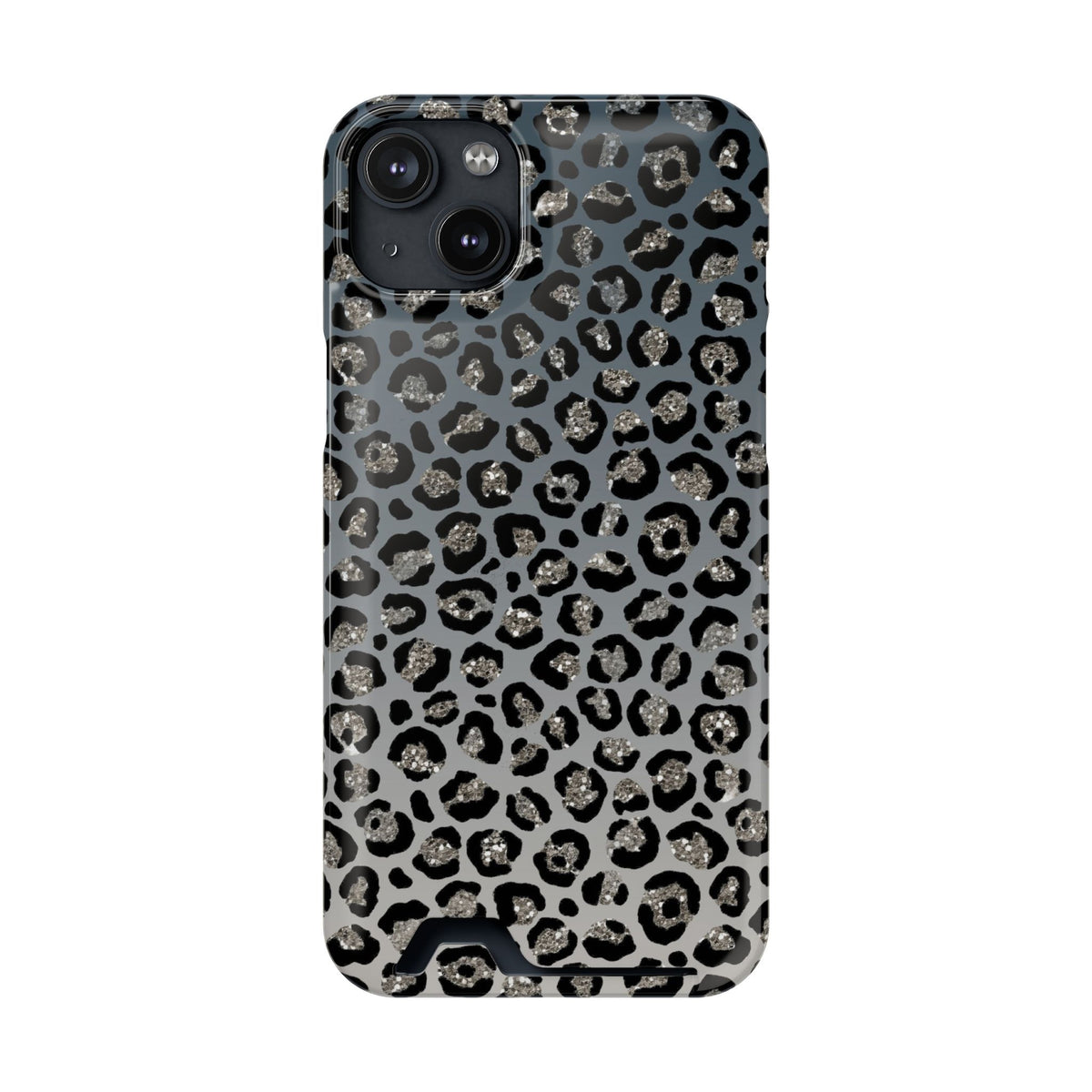 Gray Leopard phone case with card holder for iPhone 14 Plus, glossy finish