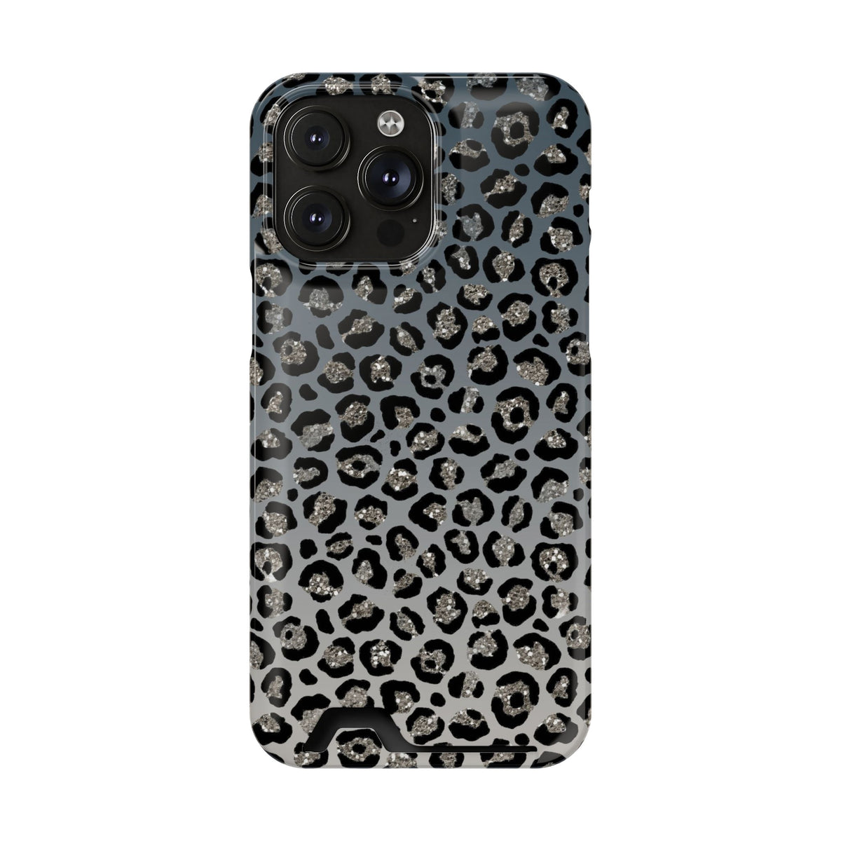 Gray Leopard phone case with card holder for iPhone 14 Pro Max, glossy finish