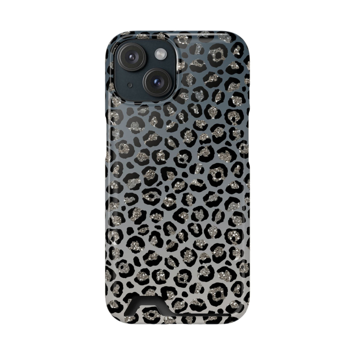 Gray Leopard phone case with card holder for iPhone 15, glossy finish