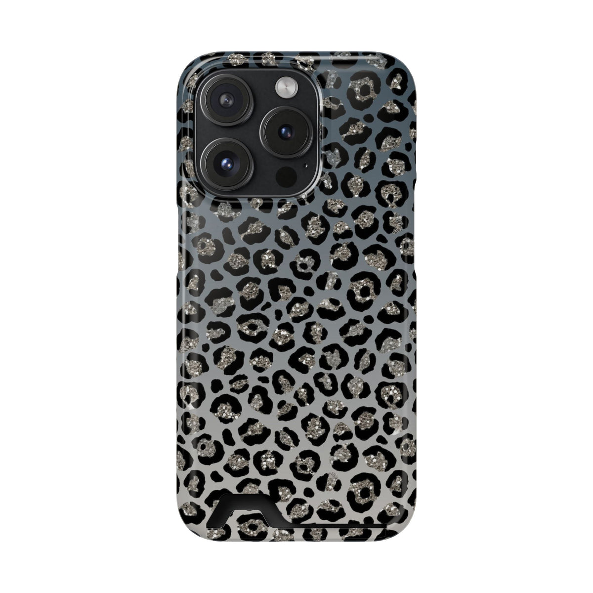 Gray Leopard phone case with card holder for iPhone 15 Pro, glossy finish