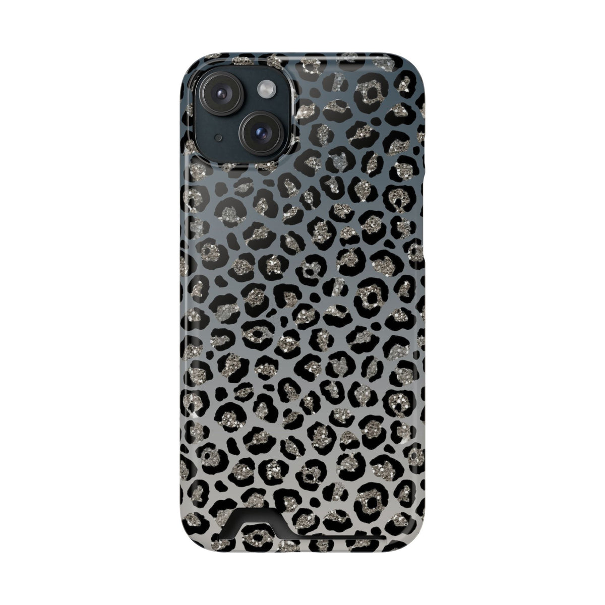 Gray Leopard phone case with card holder for iPhone 15 Plus, glossy finish