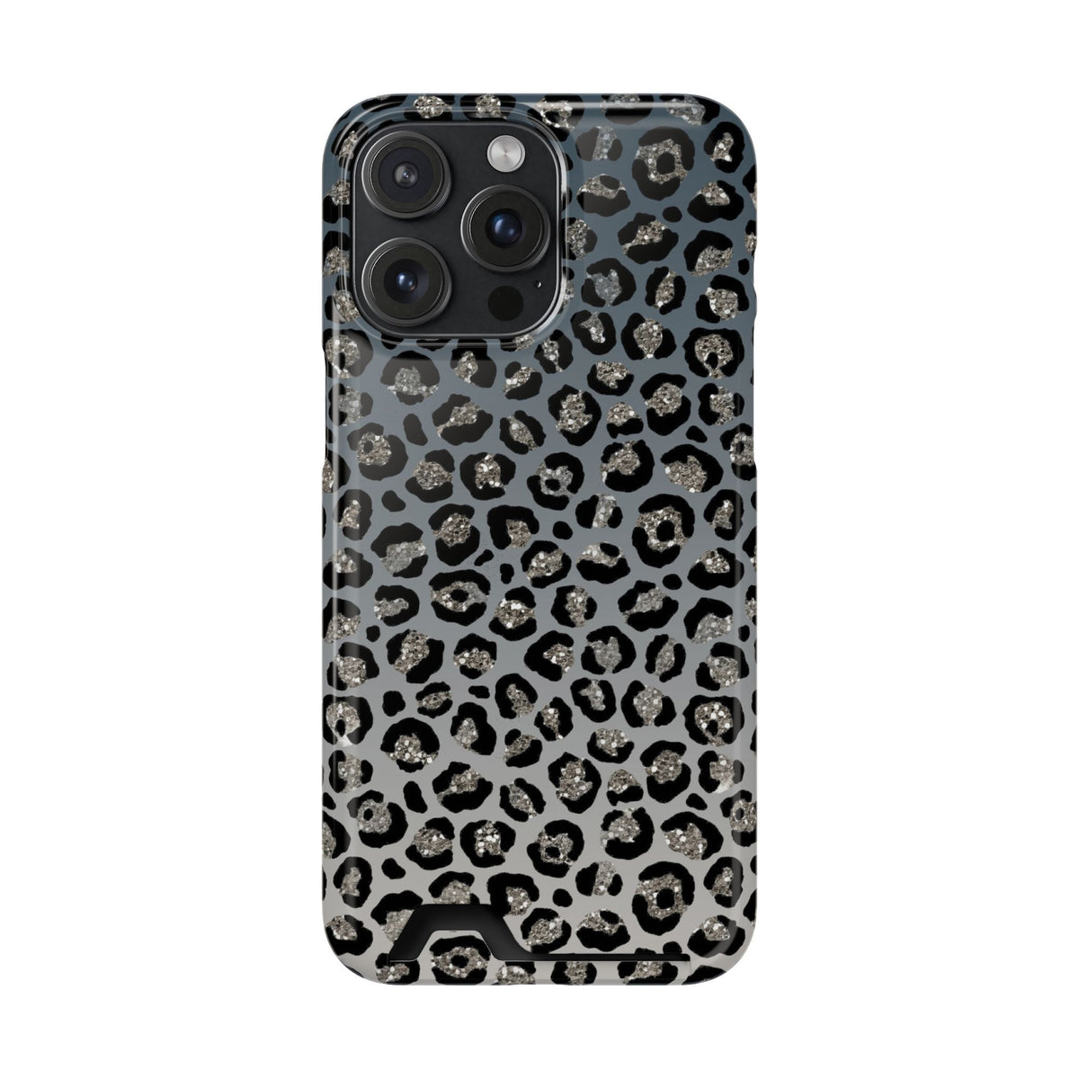 Gray Leopard phone case with card holder for iPhone 15 Pro Max, glossy finish