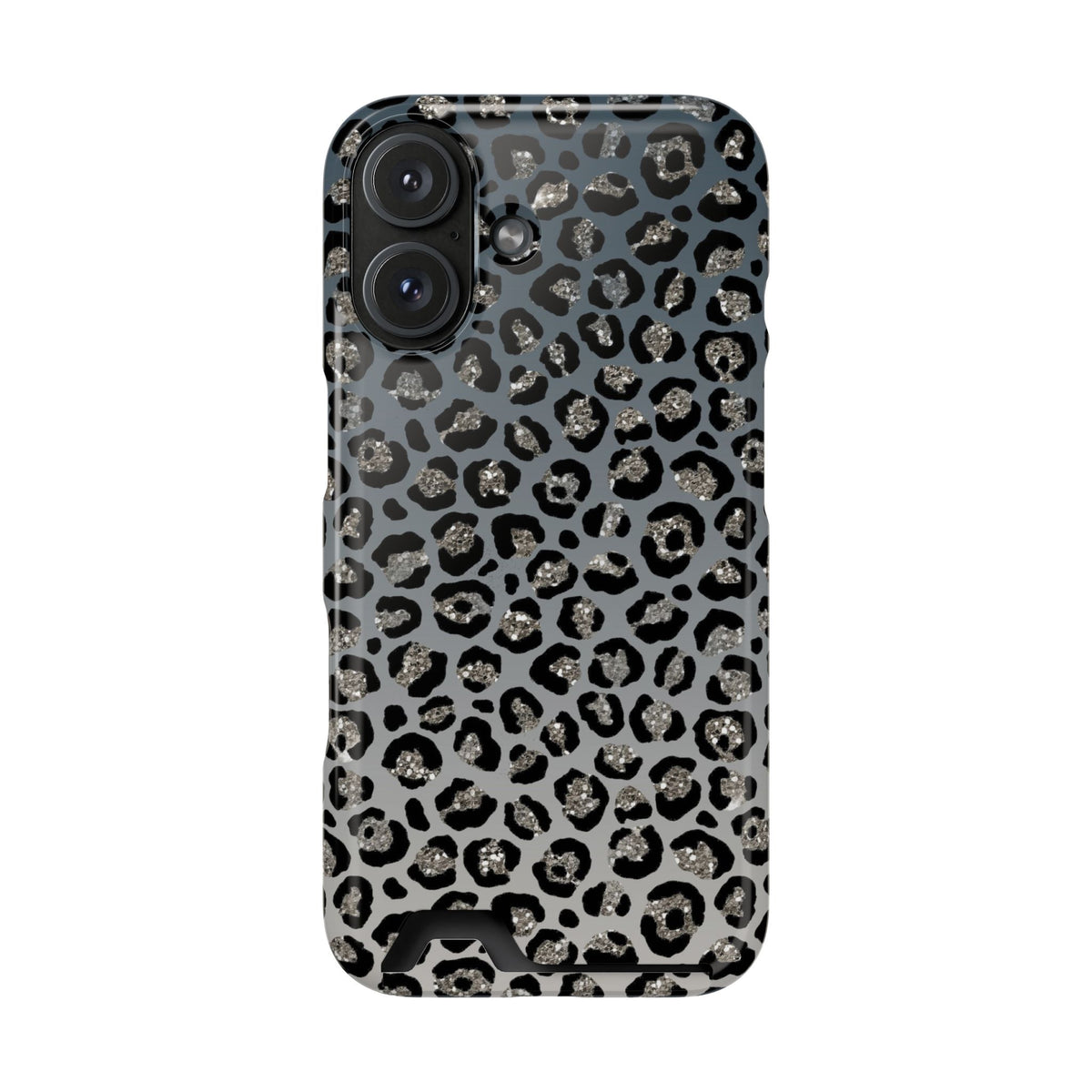 Gray Leopard phone case with card holder for iPhone 16, glossy finish