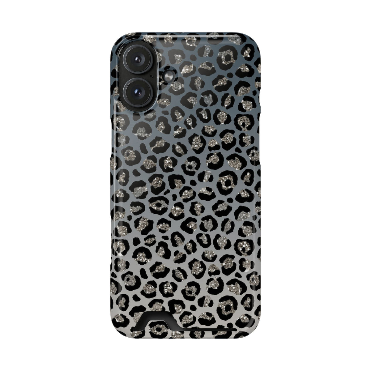Gray Leopard phone case with card holder for iPhone 16 Plus, glossy finish