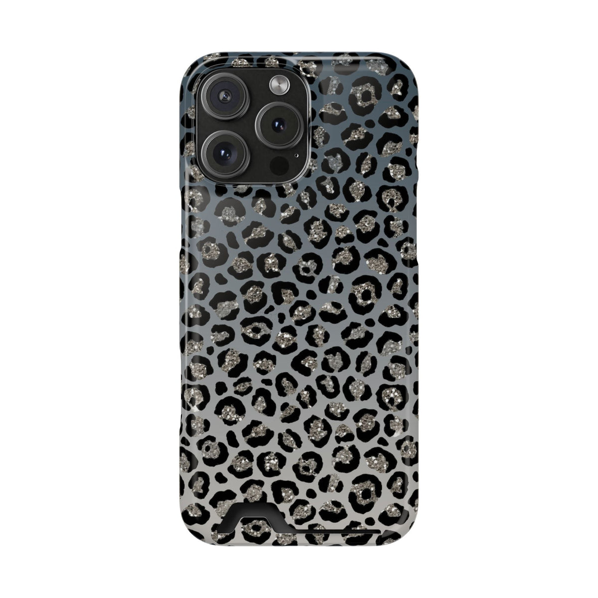 Gray Leopard phone case with card holder for iPhone 16 Pro Max, glossy finish