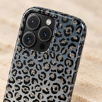 Gray Leopard phone case with card holder, black leopard spots on soft gray, lifestyle close-up of the camera
