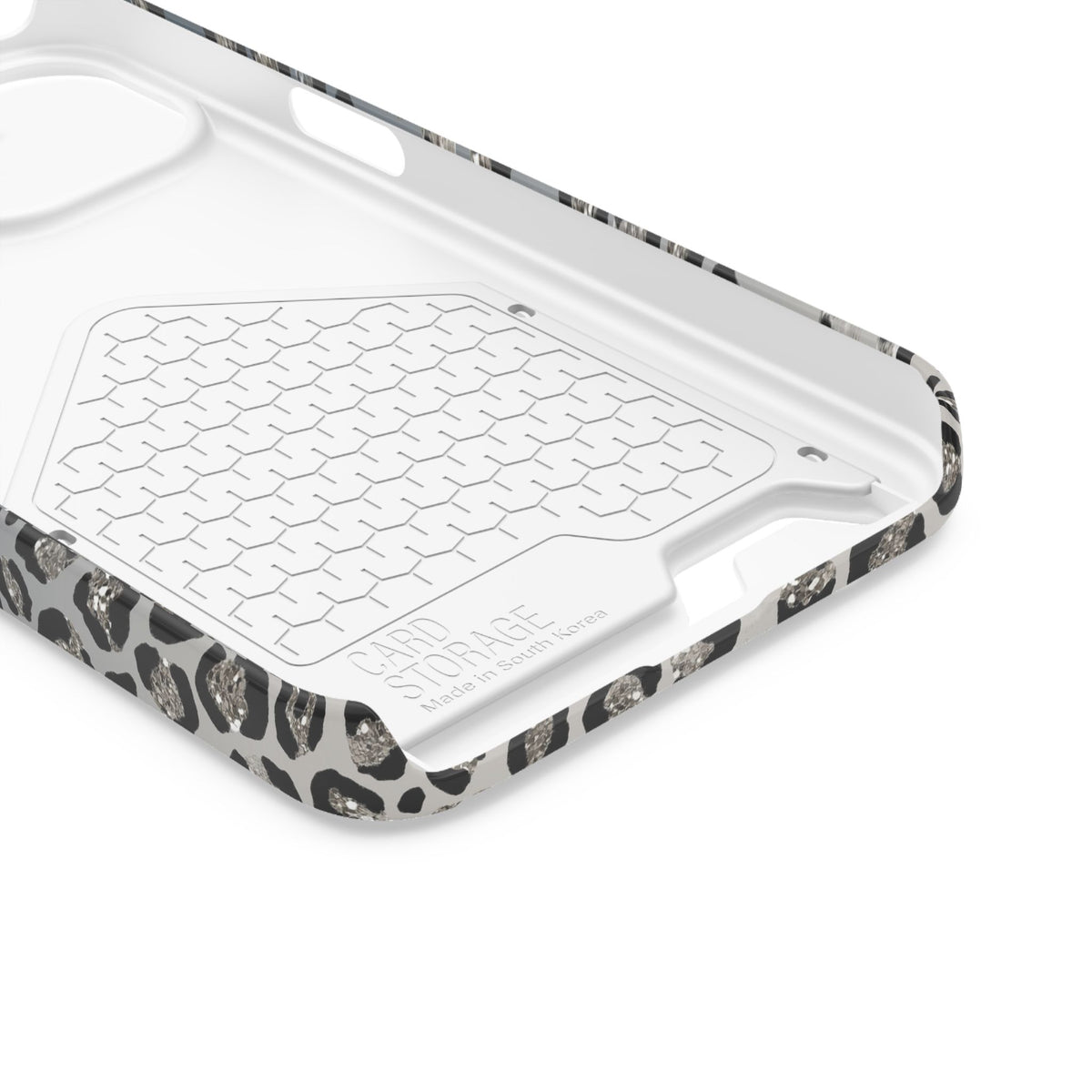 Gray Leopard phone case with card holder for iPhone 13, glossy finish