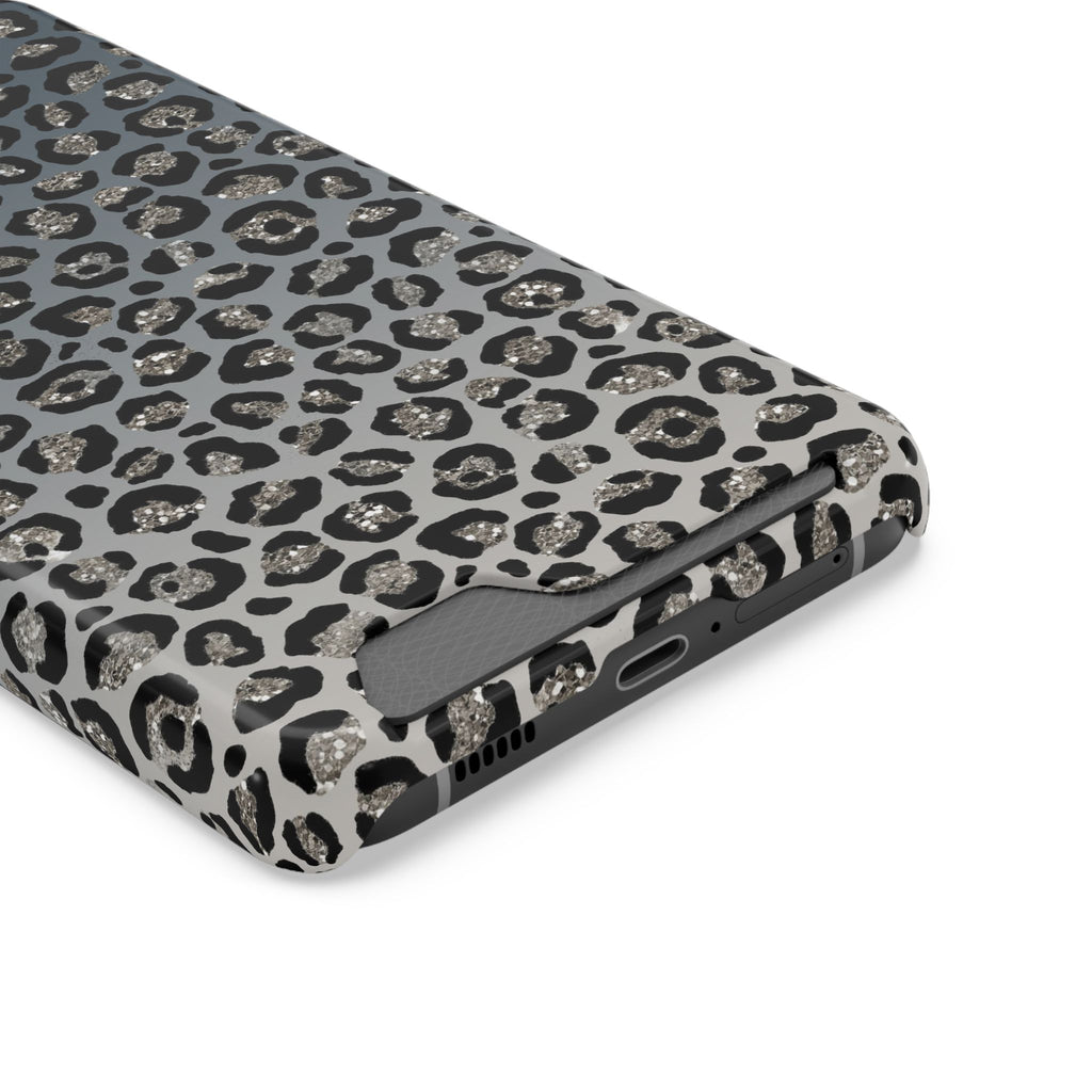Gray Leopard phone case with card holder, close-up of the card slot