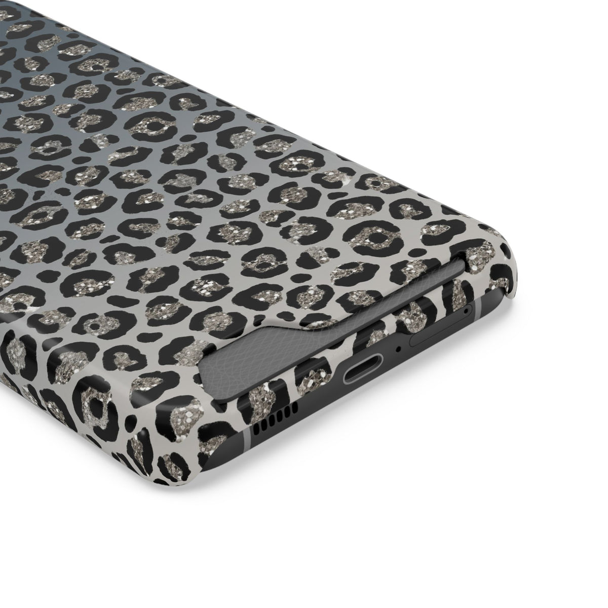 Gray Leopard phone case with card holder, close-up of the card slot