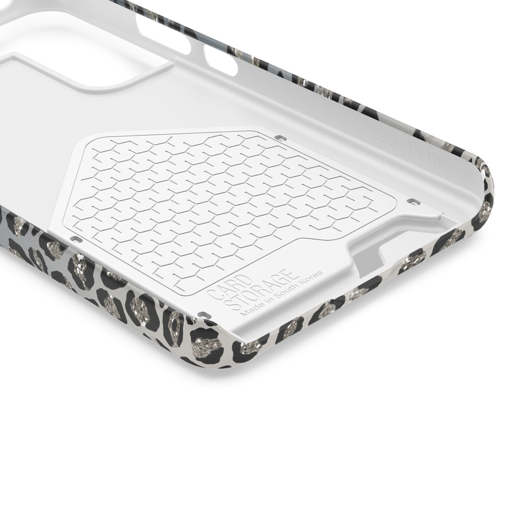 Gray Leopard phone case with card holder, close-up of the inside