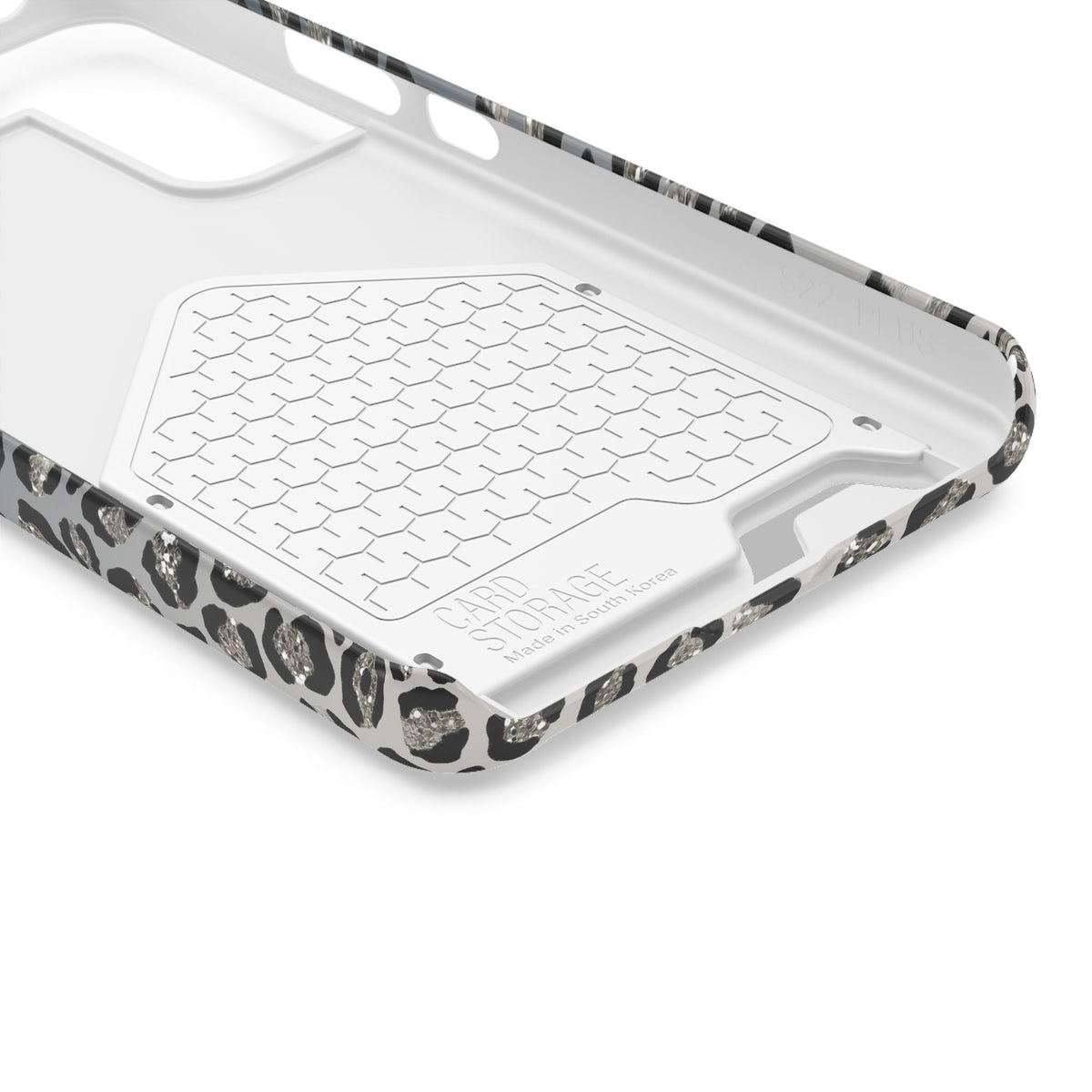 Gray Leopard phone case with card holder, close-up of the inside