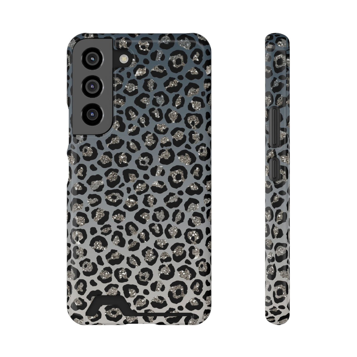 Gray Leopard phone case with card holder for Samsung Galaxy S22, glossy finish