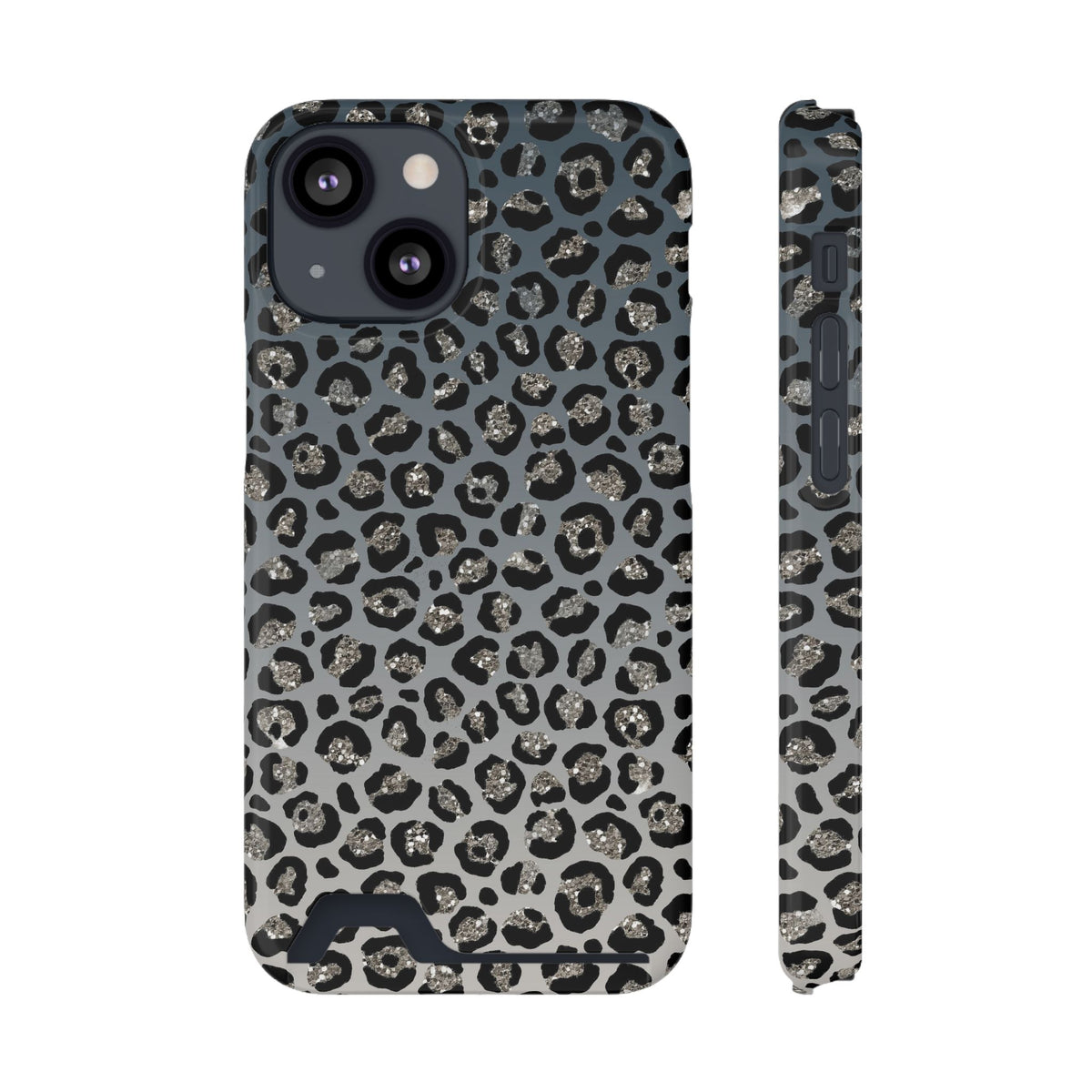 Gray Leopard phone case with card holder for iPhone 13 Mini, glossy finish