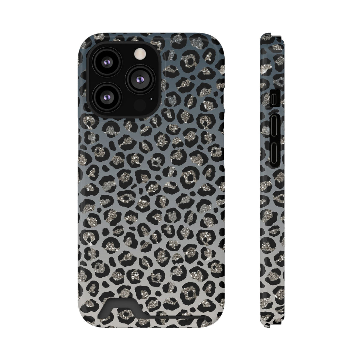 Gray Leopard phone case with card holder for iPhone 13 Pro, glossy finish