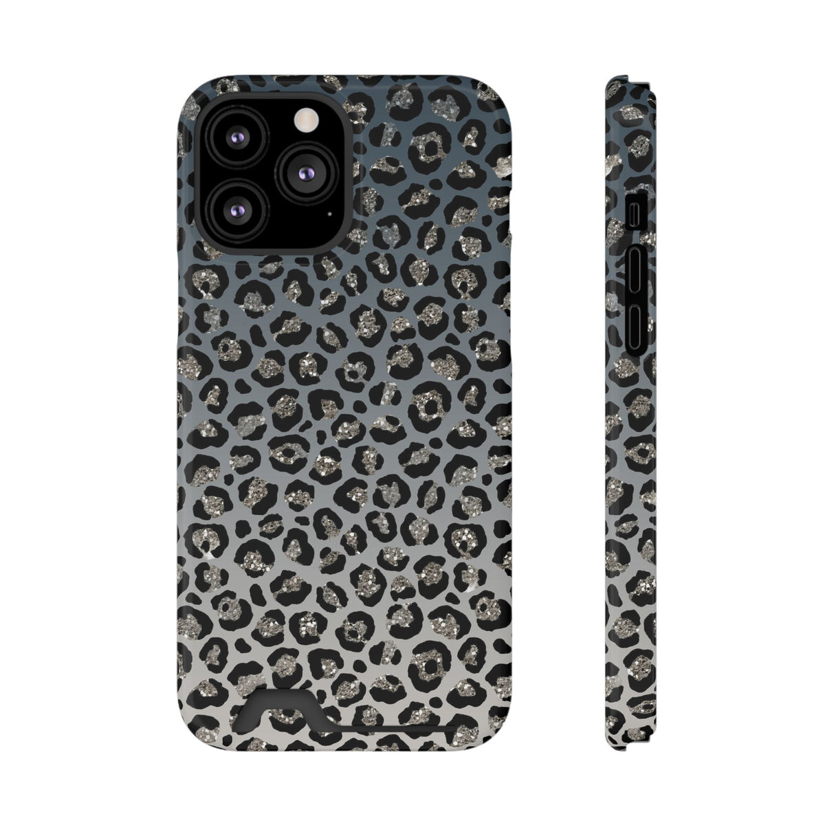 Gray Leopard phone case with card holder for iPhone 13 Pro Max, glossy finish