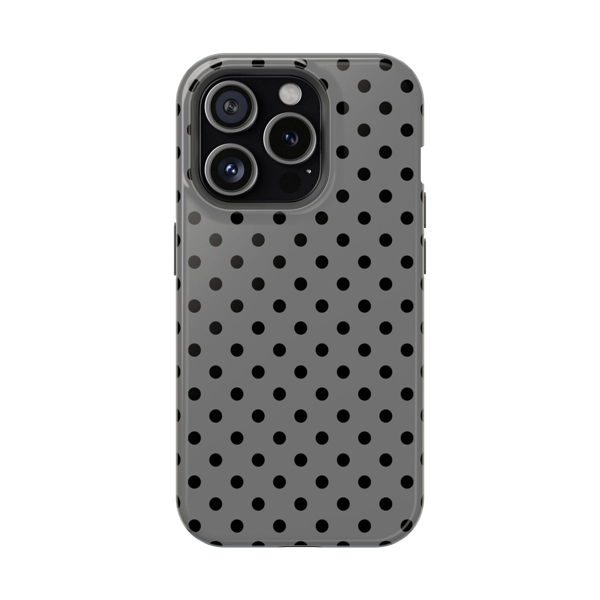 Gray Polka Dot protective phone case for iPhone 15 Pro, glossy finish
