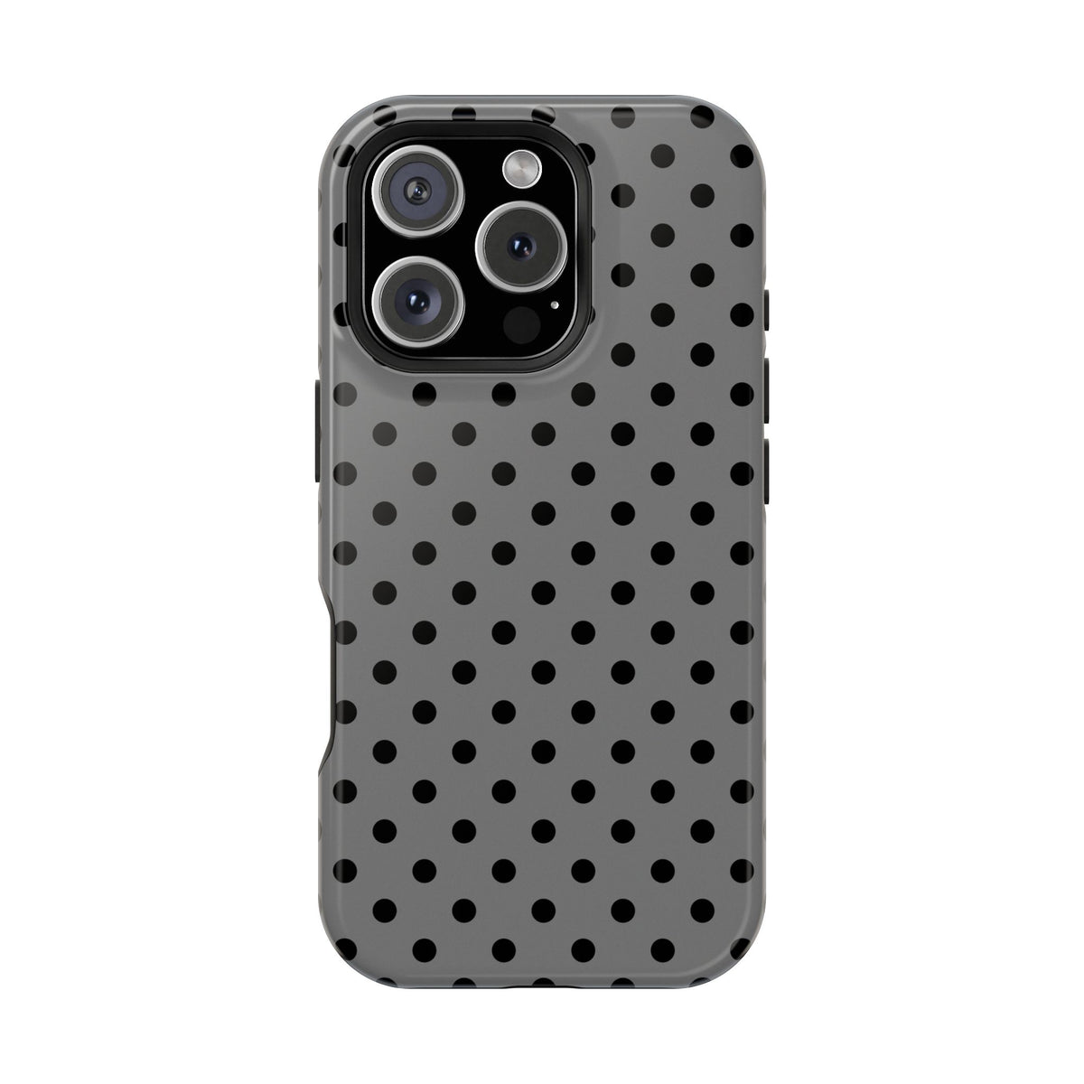 Gray Polka Dot protective phone case for iPhone 16 Pro, glossy finish