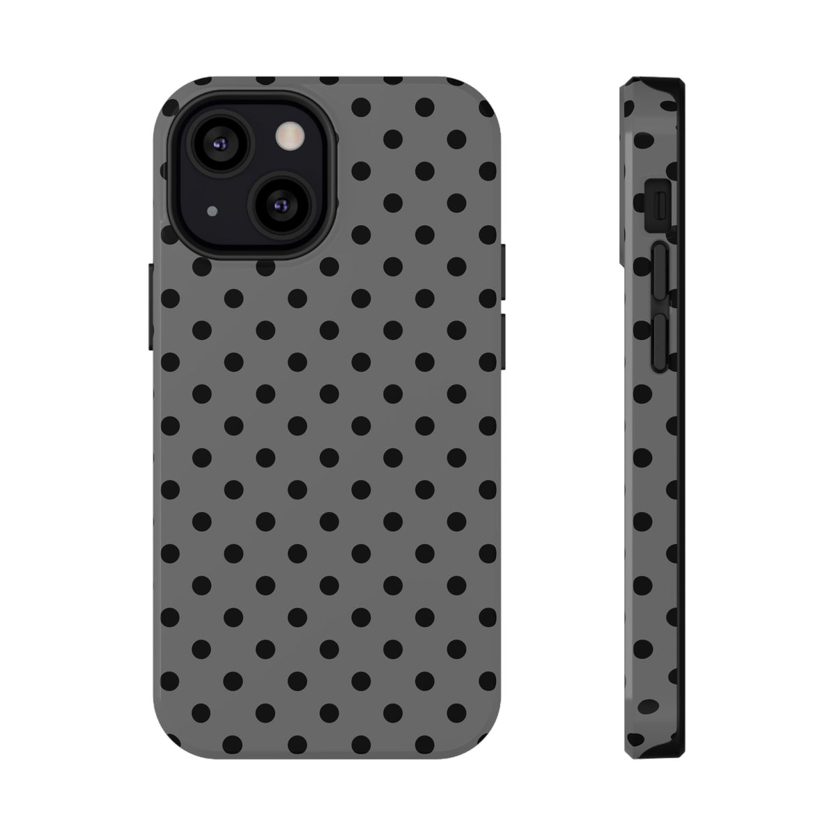 Gray Polka Dot protective phone case for iPhone 13 Mini, glossy finish