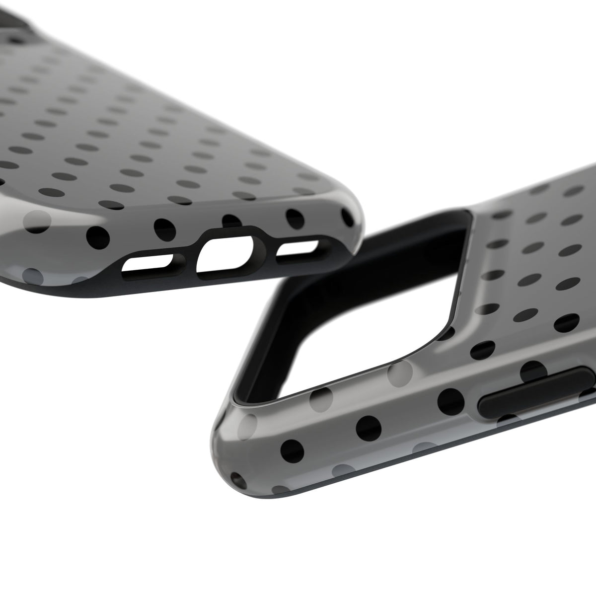 Gray Polka Dot protective phone case, close-up at an angle