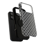 Gray Polka Dot protective phone case, close-up of the dual-layer construction