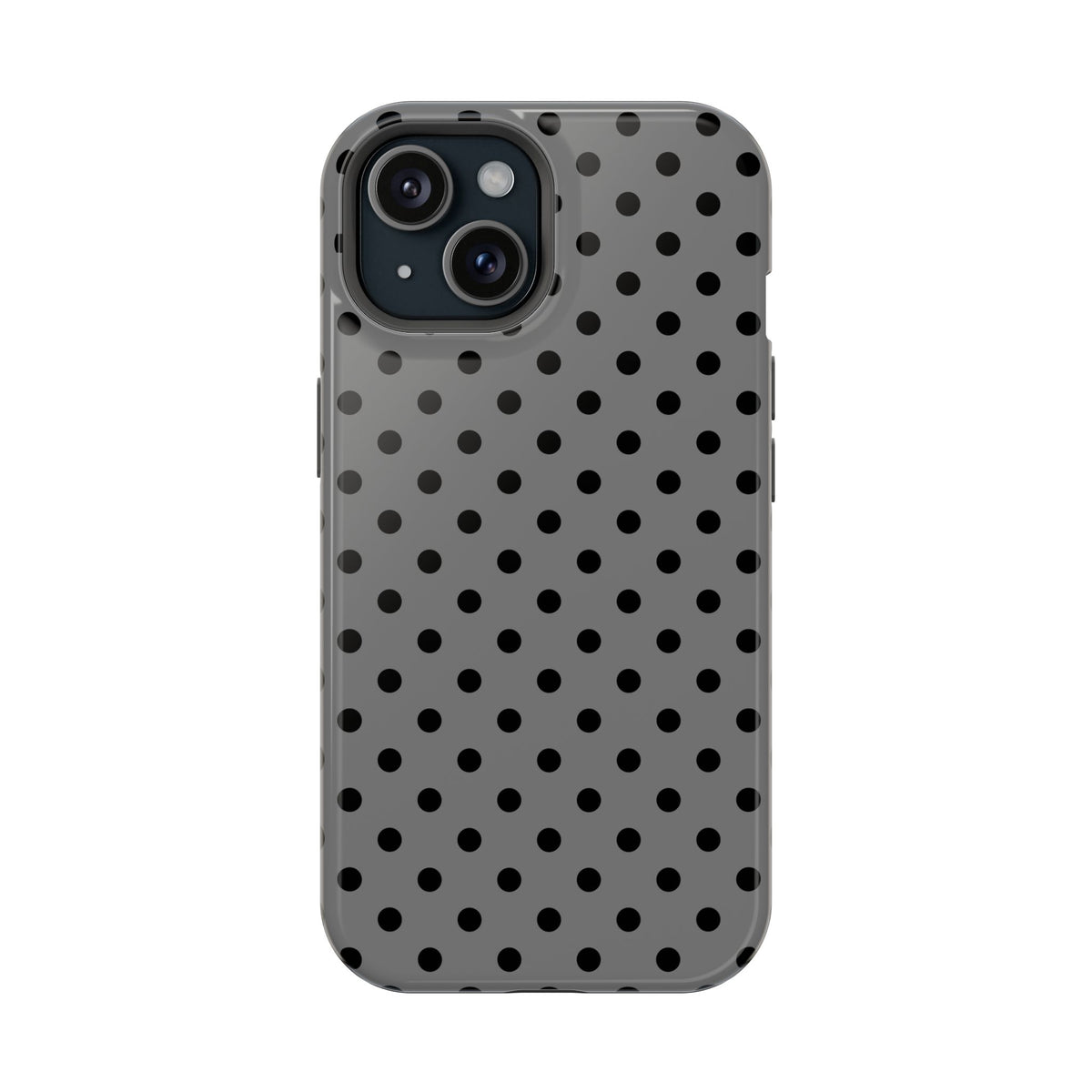 Gray Polka Dot MagSafe case for iPhone 15, glossy finish