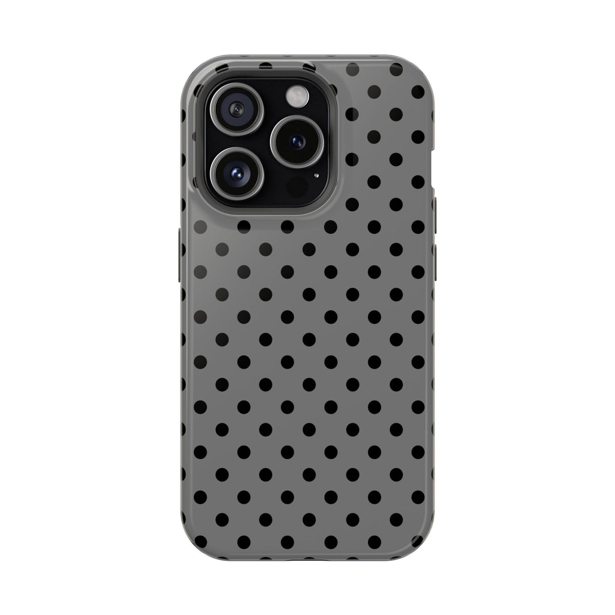Gray Polka Dot MagSafe case for iPhone 15 Pro, glossy finish