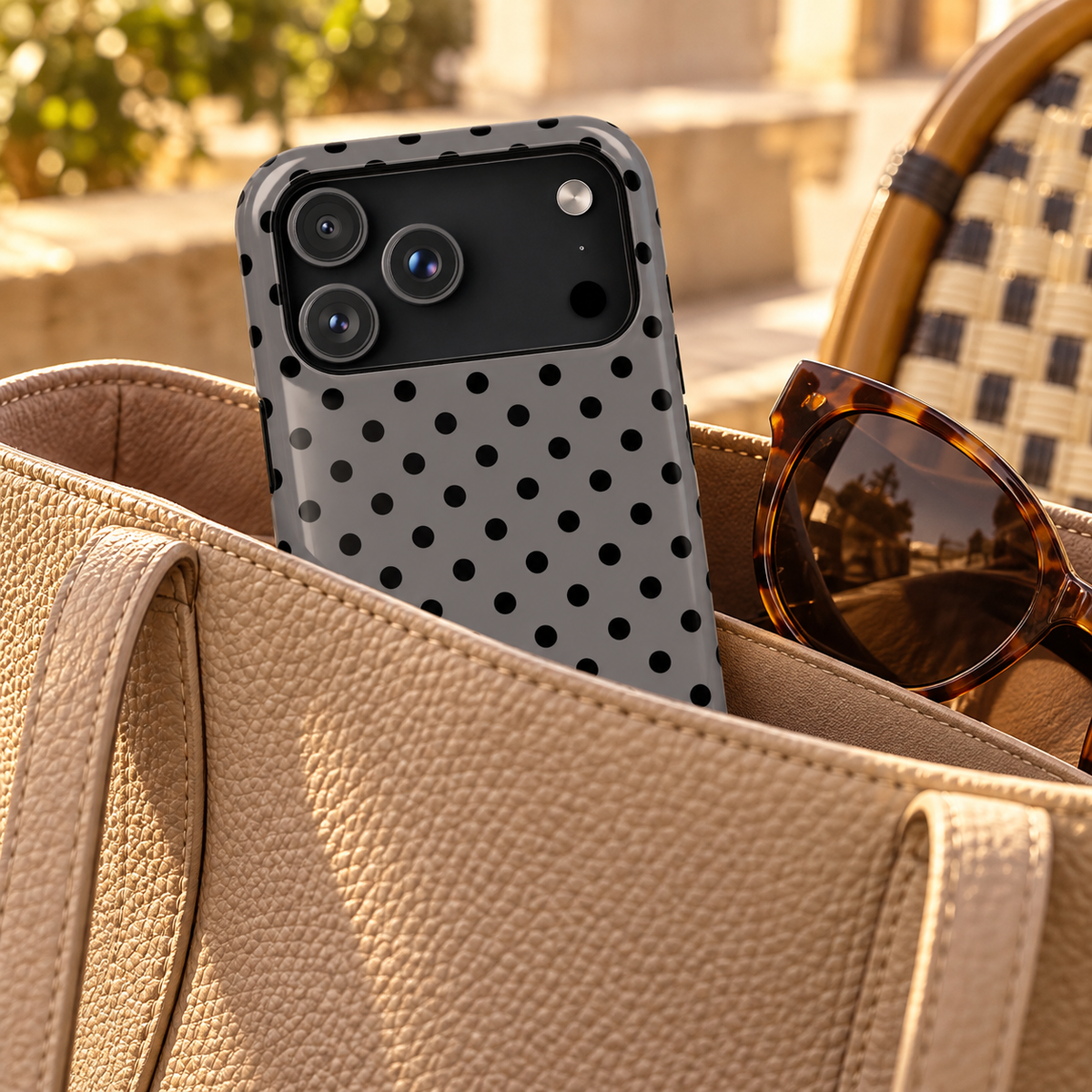 Gray Polka Dot MagSafe case, black polka dots on soft gray, lifestyle photo in a handbag