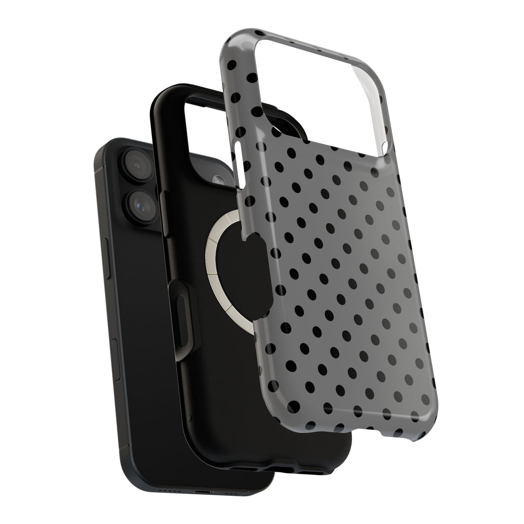 Gray Polka Dot MagSafe case, close-up of the dual-layer construction