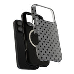 Gray Polka Dot MagSafe case, close-up of the dual-layer construction