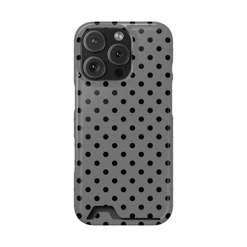 Gray Polka Dot phone case with card holder for iPhone 16 Pro, glossy finish