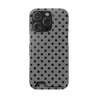 Gray Polka Dot phone case with card holder for iPhone 16 Pro, glossy finish