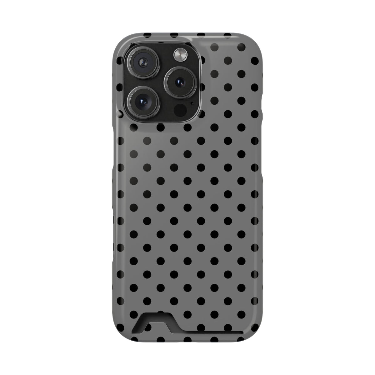 Gray Polka Dot phone case with card holder for iPhone 16 Pro, glossy finish