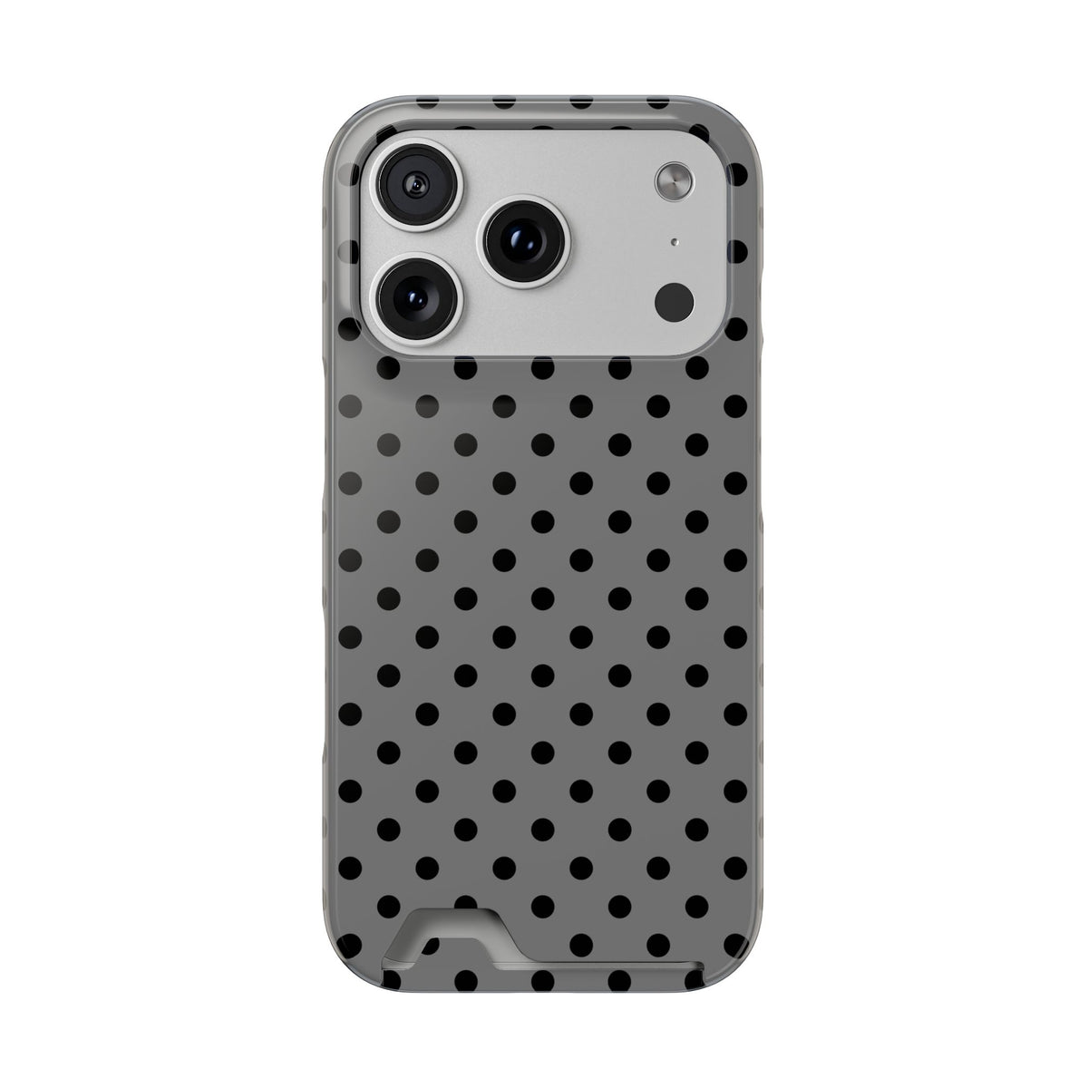 Gray Polka Dot phone case with card holder for iPhone 17 Pro, glossy finish
