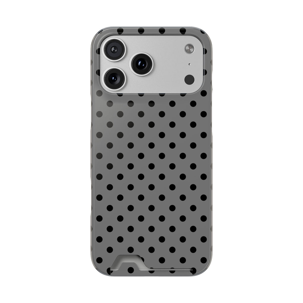 Gray Polka Dot phone case with card holder for iPhone 17 Pro Max, glossy finish