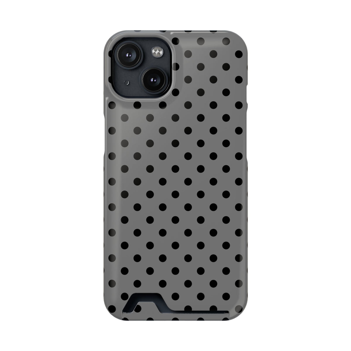 Gray Polka Dot phone case with card holder for iPhone 14, glossy finish