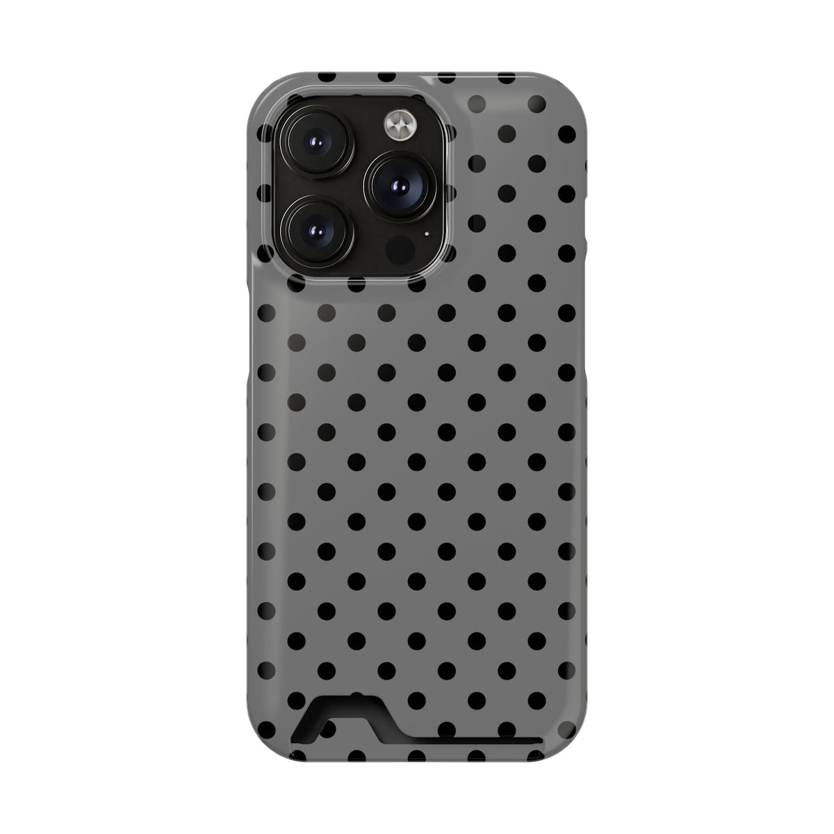 Gray Polka Dot phone case with card holder for iPhone 14 Pro, glossy finish