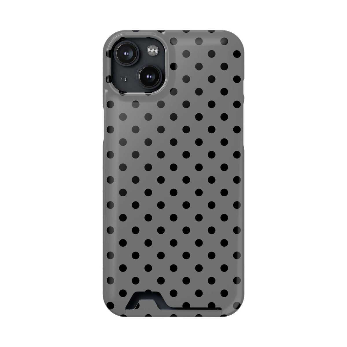 Gray Polka Dot phone case with card holder for iPhone 14 Plus, glossy finish