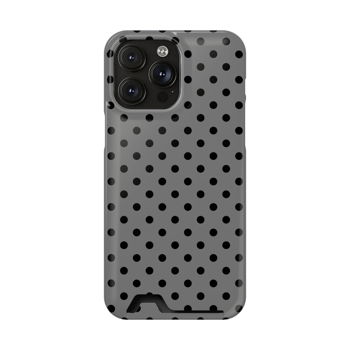 Gray Polka Dot phone case with card holder for iPhone 14 Pro Max, glossy finish