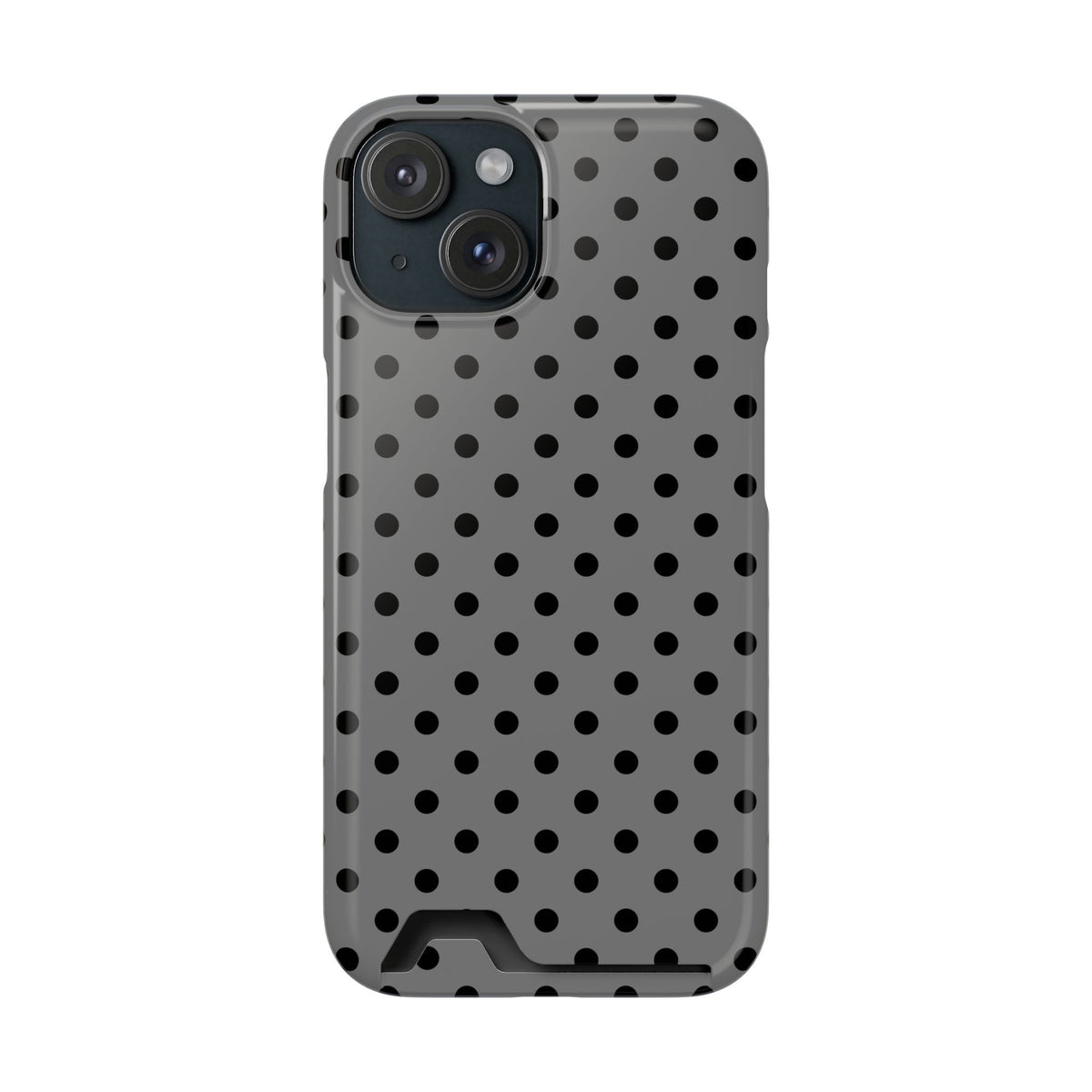 Gray Polka Dot phone case with card holder for iPhone 15, glossy finish
