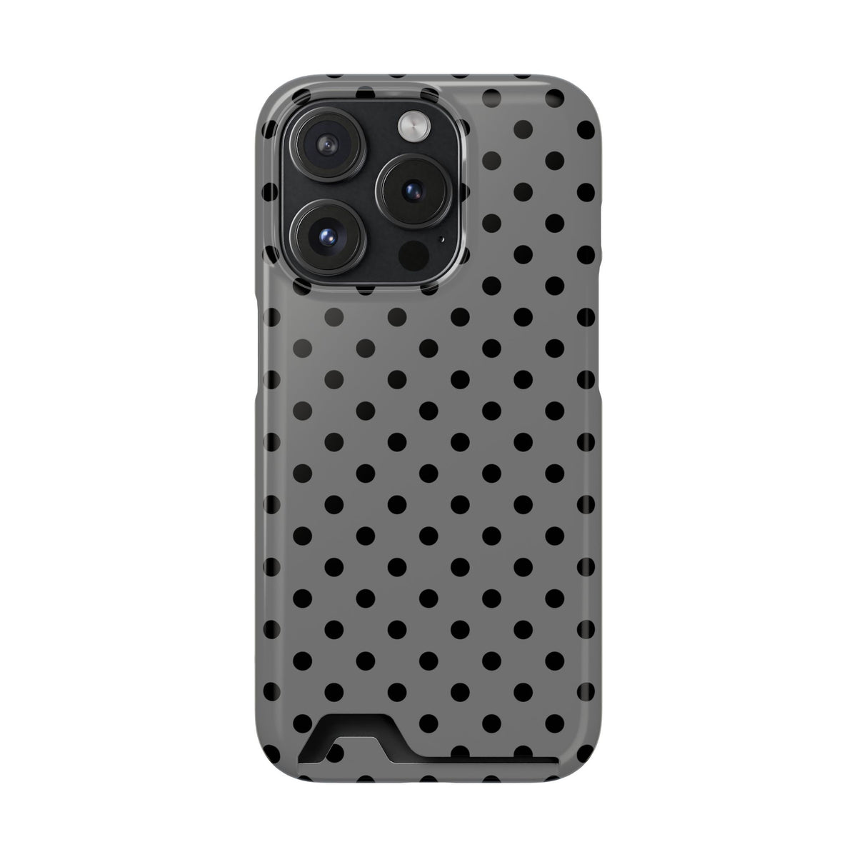 Gray Polka Dot phone case with card holder for iPhone 15 Pro, glossy finish