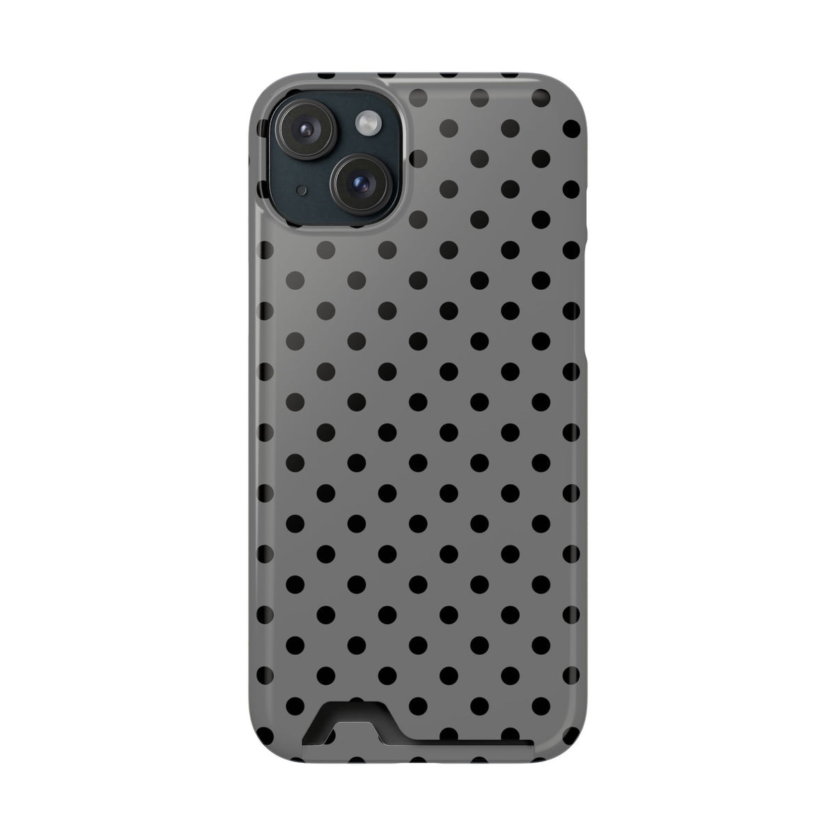 Gray Polka Dot phone case with card holder for iPhone 15 Plus, glossy finish